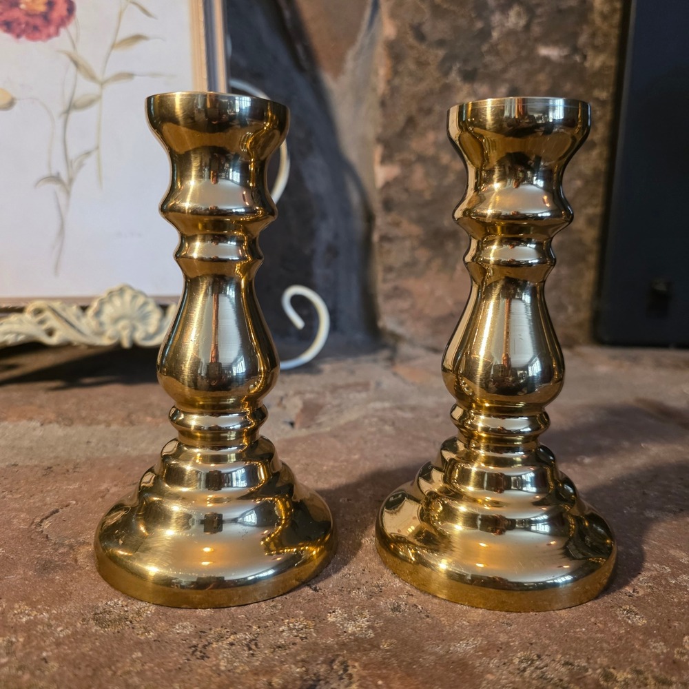 Vintage Solid Brass Taper Candle Holders Set of 2 Polished Gold Candlesticks 5"